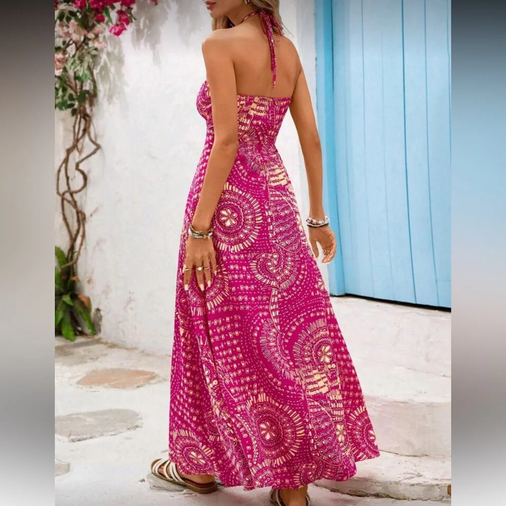 Elegant Boho Pink Cutout Bead Halter Maxi Dress - Picture 3 of 7